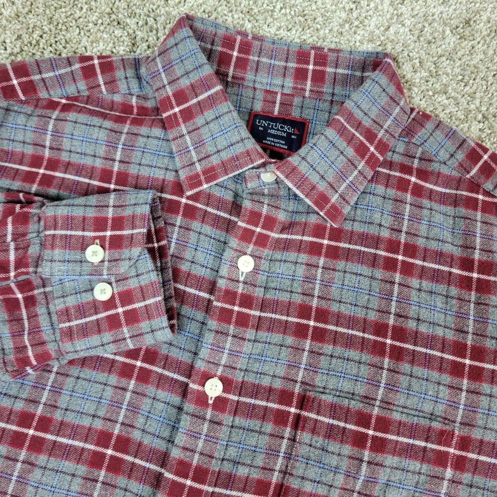 Untuckit Mens Medium Red Gray Plaid Button Up Long Sleeve Flannel